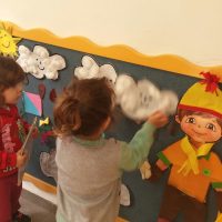 מתאימים לילד בגדים לפי ההוראות של העננים בסיפור 